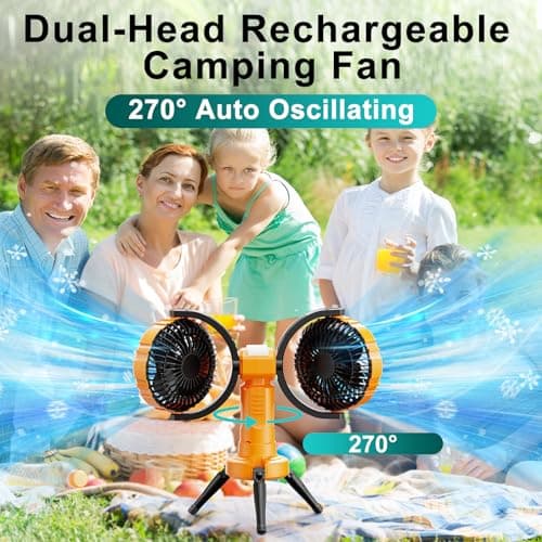 WISFISSH 10000mAh Outdoor Camping Fan, Oscillating Battery Operated Tent Fan with LED Lantern, Dual Head Rechargeable Tent Ceiling Fan with Tripod & Hanging Hook - Yellow - Thumbnail 2