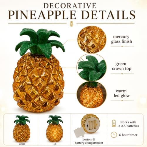 Mercury Glass Pineapple Lamp 7 Inch, Battery Operated LED Pineapple Light with Flashing & Steady Modes, 6-Hour Timer, Tropical Table Decor for Home, Bedroom, Tiki Bar, Coastal Decor Gift - Thumbnail 3