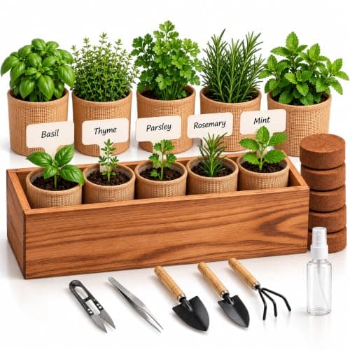 5 Herb Garden Kit, Wooden Box, Windowsill Basil Thyme Parsley Rosemary Mint - Image 1