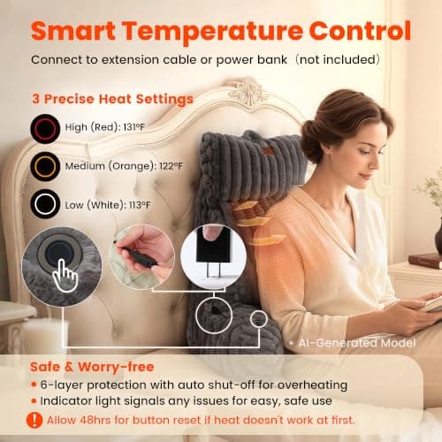Amélie Home Heated Faux Fur Reading Pillow with Pocket - 3-Temperature Backrest for Sitting in Bed, USB-Powered(No Power Bank Included) Warming (113°F-131°F), 3H Auto Shutoff, Grey, 26 Inches - Thumbnail 4