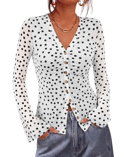 BTFBM Button Down Shirts for Women 2026 Fall Boho Tops V Neck Long Sleeve Blouses Ruched Mesh Fitted Fashion Clothing(Polka Dot White Black, Small) - Image 1