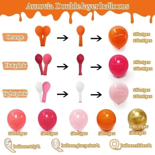 Pink Orange Balloon Garland, Double Stuffed Hot Pink Dark Magenta Balloon Arch Kit Metallic Gold Latex Balloons for Mother's Day Birthday Wedding Baby Shower Tropical Party Decorations - Thumbnail 3
