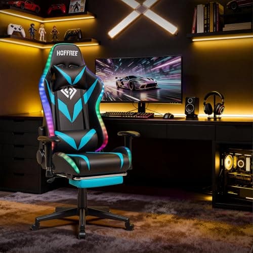 Led Gaming Chair with Speakers Massage 165° Reclining Computer Chairs-Blue - Thumbnail 2
