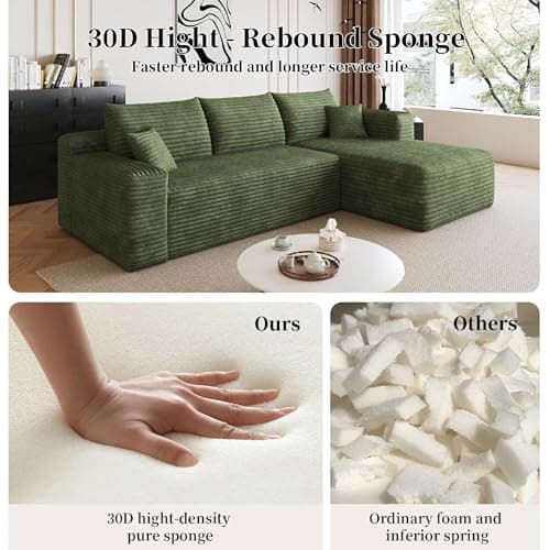 96" Cloud Sectional Small Couches for Small Space, L Shaped Sofa Green Corduroy Modular Boneless Couch with Chaise Deep Seat for Apartment and Livingroom, No Assembly Required (Right Facing Chaise) - Thumbnail 5