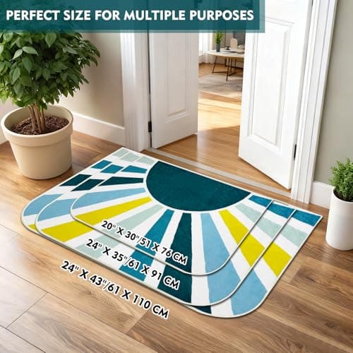 BLESWIN Bathroom Rugs Non Slip, 24x43 Washable Fluffy Colorful Bath Mat, Aesthetic Ultra Soft Rainbow Sun Bathmat for Home Decor Bedroom Kids Room, Blue Green - Thumbnail 2