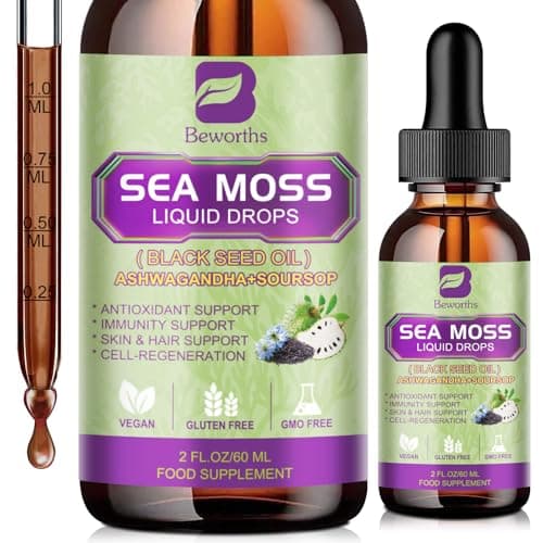 Sea Moss Liquid Drops with Black Seed Oil & Ashwagandha - Organic Irish Sea Moss, Bladderwrack, Burdock Root, Elderberry, Soursop & Turmeric - Seamoss Supplement for Immune, Gut Health, Hair Support - Image 1