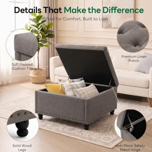 Tbfit Large Square Storage Ottoman Bench, Tufted Upholstered Coffee Table with Storage, Oversized Storage Ottomans Toy Box Footrest for Living Room, Dark Grey - Thumbnail 6