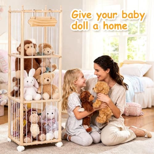 Stuffed Animal Storage - Wooden Large Organizer Holder for Kids' Room and Playroom - Plush Zoo Animals Holder with Elastic Cords & Brake Wheel for Toddler Bedroom Toy Stuff Organization - Thumbnail 6