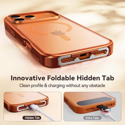 CASEKOO Linkoo 1st Magnetic iPhone 17 Pro Max Phone Case with Strap, Built-in Foldable Hidden Tab, Anti-Fall Lanyard, Aluminum Alloy Lens Protection, Tether Case, Hiking Daily Commute, Glossy Orange - Thumbnail 3