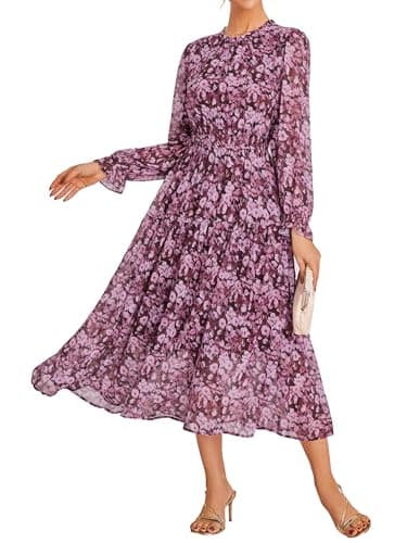 GRACE KARIN Long Sleeve Fall Dresses for Women Chiffon Flowy Long Dress Floral Swing Ruffle Tea Party A Line Dress Purple L - Image 1
