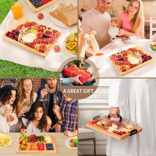 CAWIU Charcuterie Board with Lid and Handle - Portable Travel Design Bamboo Cheese Board Set with 4 Cheese Tools, Gift for Housewarming, Weddings, Picnics (8 Compartments, Black) - Thumbnail 6