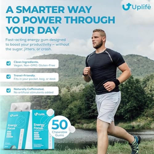 UPLIFE Focus and Energy Gum 50 Pcs – Made in USA - 40mg Natural Caffeine + 80mg L-Theanine + Niacin Vitamin B3 & B12 – Sugar-Free, Vegan – Natural Caffeine Gum Coffee Alternative - Peppermint Flavor - Thumbnail 5