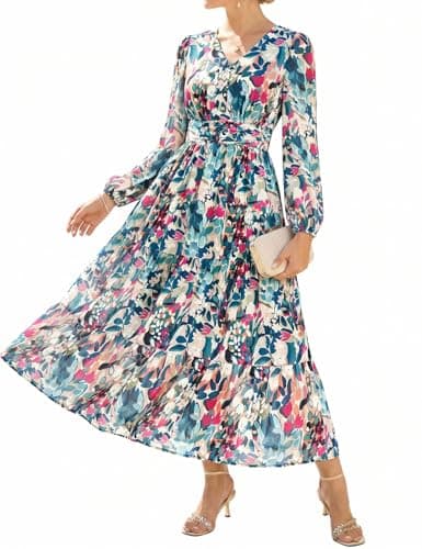 GRACE KARIN Women's Floral Long Sleeve Dresses,Elegance Wedding Guest Dresses,Maxi Dress Dense Dark Green Flowers XXL