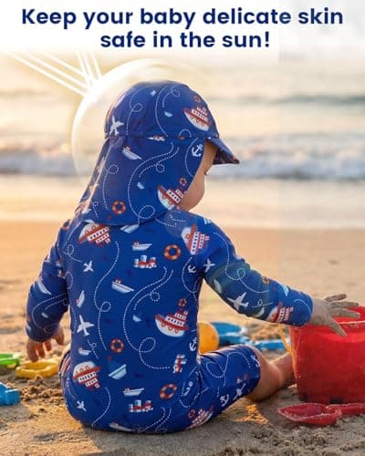 JiAmy Toddler Baby Boy Swimsuit with Sun Hat Long Sleeve Zipper Rash Guard Sun Protection Beach One Piece Bathing Suit Navy Blue 12-18 Months - Thumbnail 3
