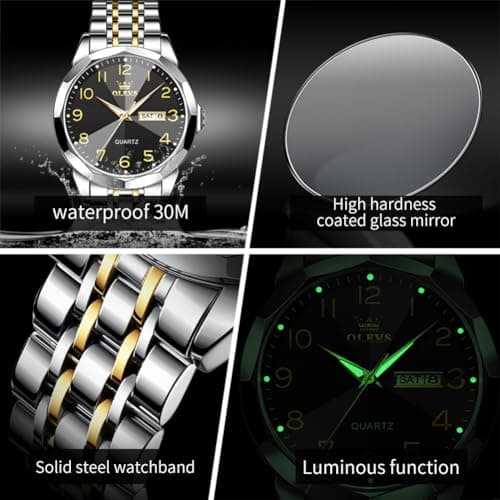 OLEVS Luxury Watch for Men - Black Arabic Numeral Dial with Gold and Silver Stainless Steel Band - Date and Day Function - Reloj para Hombre - Thumbnail 5