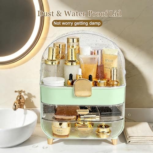 Makeup Organizer with Drawers-Cosmetic Display Case for Vanity|Skincare Organizer with 360 Rotating Brush Holder,Large Storage Box Dresser,Women Gifts Display Cases for Bathroom Countertop,Green - Thumbnail 5