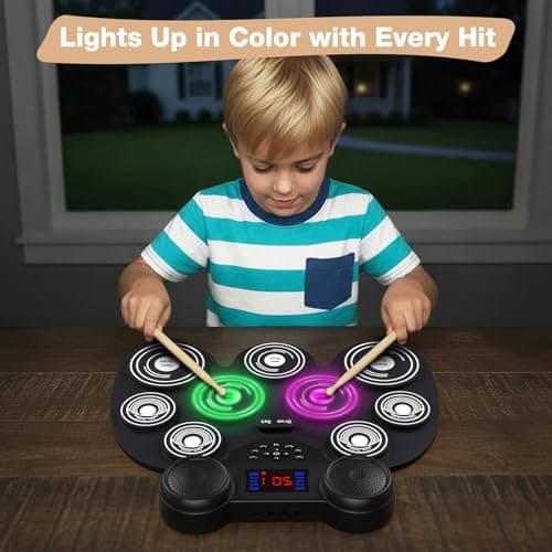 Electric Drum Set with 7 Colorful LED Light Patterns, Better Rebound Feel Electronic Drum Kit Featuring Bluetooth MIDI, 9 Drum Pads, and Dual Speakers, Christmas Birthday Gift for Kids Adult - Thumbnail 2
