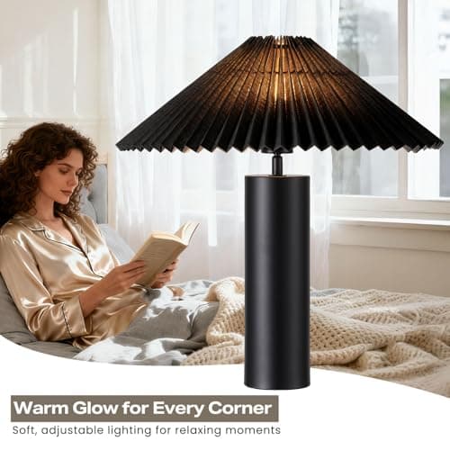 YJSQOEOE Modern Table Lamp with Pleated Lampshade and Cylindrical Base, E26 Bulb Compatible, Contemporary Accent Light for Living Room, Bedroom, Office (Black) - Thumbnail 5