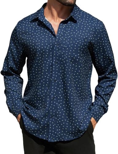 Hardaddy Men's Pattern Long Sleeve Button Down Graphic Printed Business Casual Dress Shirts with Pocket Navy Blue S - Image 1