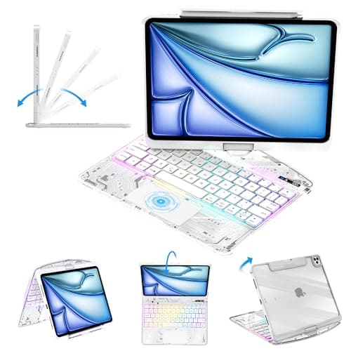 lambasa Clear Keyboard Case for iPad Air 11" (M3/M2, 2025/2024), Air 5th/4th & Pro 11" 2022-2018, 360° Swivel with Wireless Bluetooth Multi-Touch Trackpad, 7-Color Backlit, Pencil Holder White
