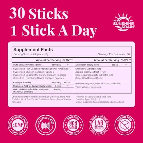 Sunshine & Rain Multi Collagen Peptides Powder for Women – 10g Hydrolyzed Collagen Type I, II, III, V & X with Biotin, Hyaluronic Acid & Prebiotics | Lemon Flavor | 30 Stick Packs - Thumbnail 2