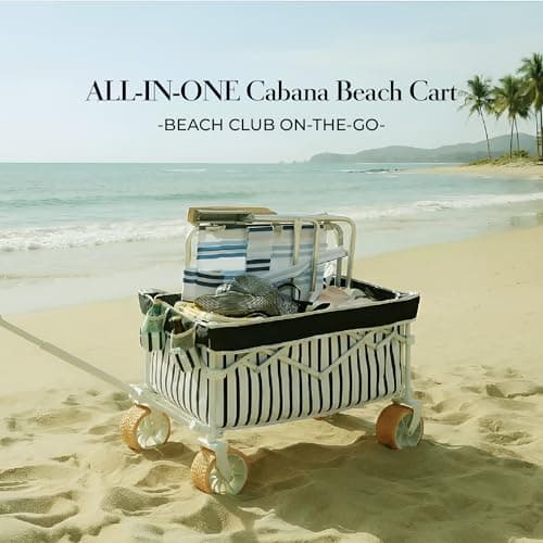 DEER LAND Beach Wagon Cart with Big 6.7" Fat Tires, Foldable Sand Wagon for Beach, Camping & Outdoor Use – Large Capacity, Easy Pull Design, Heritage Navy Stripe - Thumbnail 2