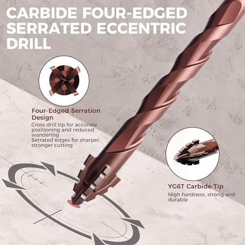 Masonry Drill Bit Set 10 Pcs (1/8"-1/2"), Four Blade Serrated Eccentric YG6T Carbide Drill Bits for Concrete, Cement, Brick, Tile, Marble, Glass and Wood, 1/4" Hex Shank, with Storage Case, Brown - Thumbnail 4