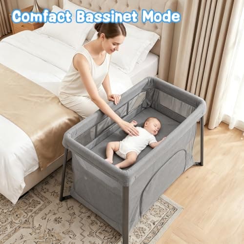 Cradlecare Travel Pack and Play with Bassinet & Mattress, Lightweight Portable Baby Bed, Foldable Playard for Travel & Home, Easy Setup Playpen for Babies & Toddlers with Storage Bag (Grey) - Thumbnail 4