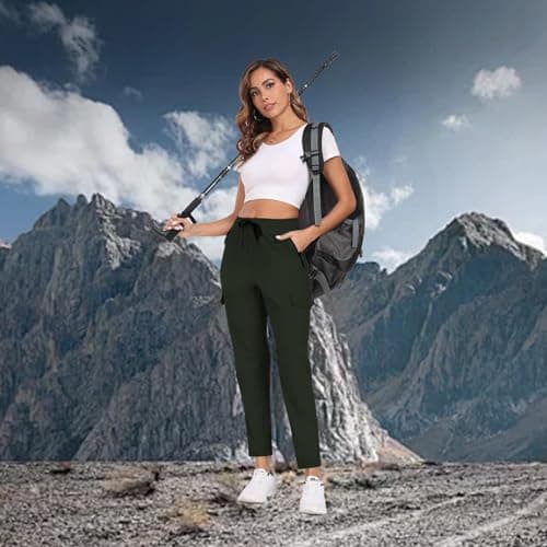 AGVNG Womens Hiking Cargo Pants with Pockets Waterproof Quick Dry Lightweight Elastic Waist Drawstring UPF 50+ Travel Work Casual Active Outdoor Army Green M - Thumbnail 3