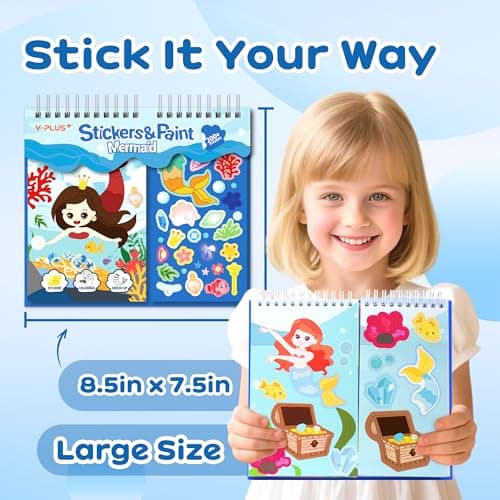 YPLUS Mermaid Sticker Books for Kids Ages 3-5, Toddlers 2 in 1 Stickers & Coloring Kit with Crayons - DIY Arts and Crafts, Educational Travel Toys for Girls, Road Trip Essentials & Birthday Gifts - Thumbnail 2