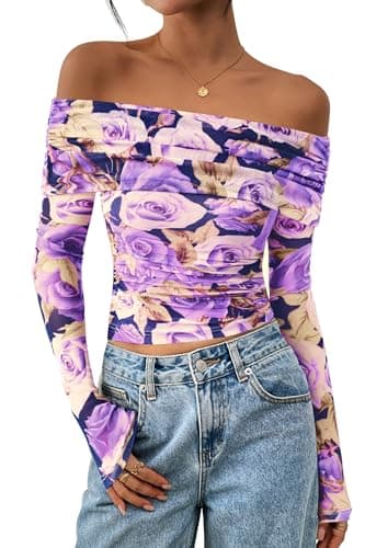 PRETTYGARDEN Womens Tops 2026 Spring Off The Shoulder Long Sleeve Fitted Y2k Shirts Floral Ruched Mesh Going Out Outfits(Purple Flower,X-Large) - Thumbnail 3