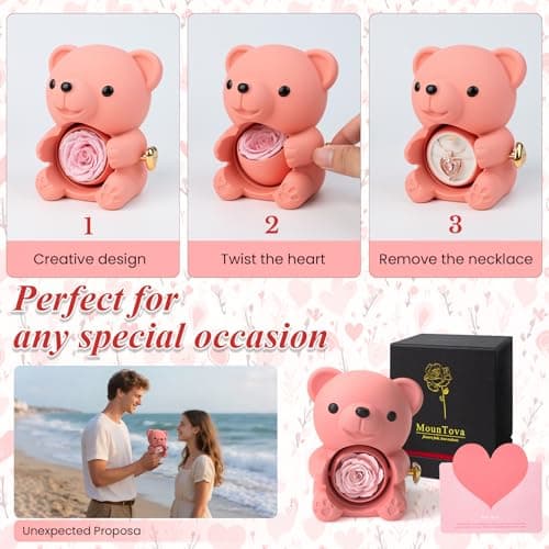 mountova Romantic Teddy Bear with Preserved Rose, Real Rose in Elegant Gift Box with Necklace for Women, Bear Roses Gifts for Mother's Day,Weddings,Valentine's Day,Anniversary,Birthday, Pink - Thumbnail 4
