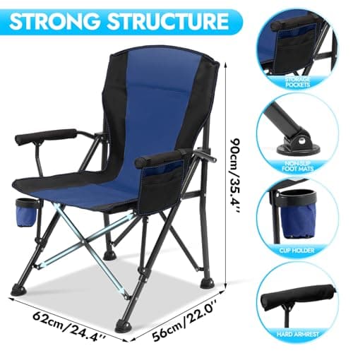 2 Pack Oversized Folding Camping Chair for Adults, Supports 450 LBS Camping Chairs, Heavy Duty Camping Chair with Side Pockets, Foldable Outdoor Chair for Camping, Beach, Fishing, Hiking, Blue-Black - Thumbnail 2