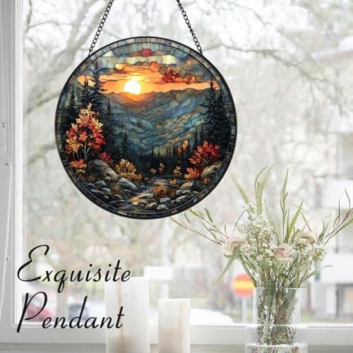 Zizzie Stained Glass Mountain River Suncatcher - 7.9" Real Glass Autumn Landscape Sunset Window Hanging, Weatherproof Rustic Cabin Lodge Decor, Nature Lover Memorial Gift for Dad Mom Men - Thumbnail 5