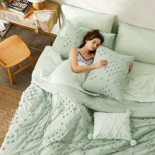 Geniospin Sage Green Twin Comforter Set for Girls- 5 Pieces Pom Tufted Bed in A Bag Twin Bedding Sets with Sheets, Pillowcases & Shams, All Season Kids Comforter Set - Thumbnail 2