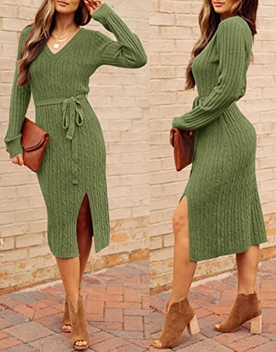 MEROKEETY Women's Winter Spring Long Sleeve Sweater Dress 2026 Fall V Neck Cable Knit Slit Bodycon Midi Dresses, Green, M - Thumbnail 6