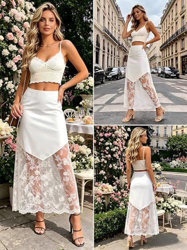 Women's 2026 Lace Patchwork Bodycon Skirt - High Waist Elegant Solid Maxi Long Skirt (US, Alpha, X-Large, Regular, Regular, White) - Thumbnail 2
