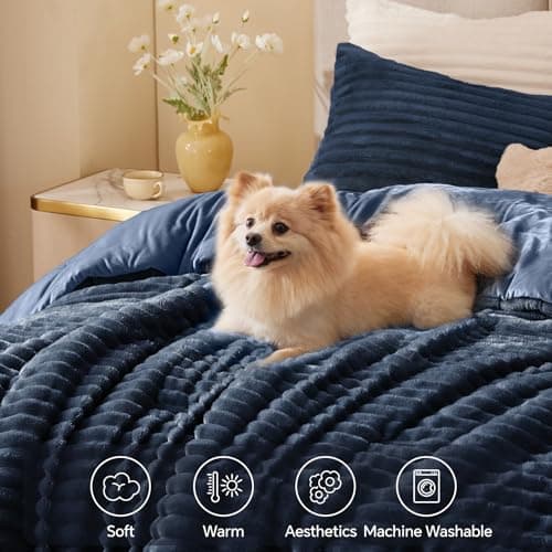 BEDELITE Fleece Queen Comforter Set -Super Soft & Warm Fluffy Navy Blue Bedding, Luxury Fuzzy Heavy Bed Set for Winter with 2 Pillow Cases - Thumbnail 3