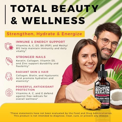 WELVIUM Liquid Biotin and Collagen Peptide Complex with Keratin, Hyaluronic Acid, MCT Oil, Zinc, Vitamins B6, B7, B12, A, C, D3, E - Hair, Skin, and Stronger Nails Supplement for Women and Men - Thumbnail 6