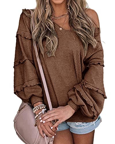 BTFBM Women’s V Neck Long Sleeve Blouse Loose Fit Tunics Ruffles Off Shoulder Waffle Knit Solid Color Tops Fall Tee Shirts(Solid Coffee,Large) - Image 1
