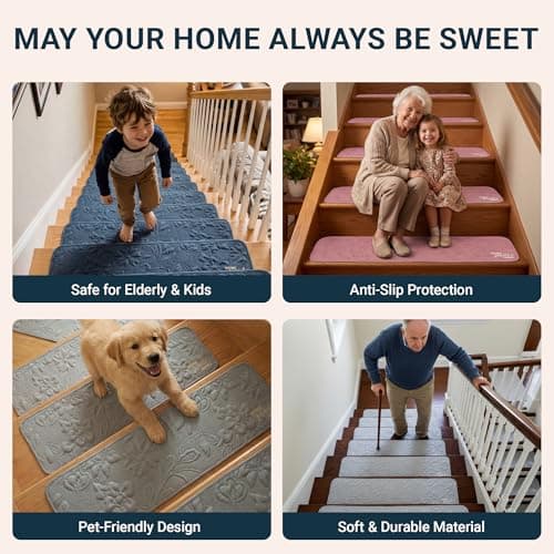 Ultra-Soft Knee-Friendly Stair Treads, 15-Pack - Plush Carpet Mats with Non-Slip Backing for Hardwood Steps, Machine Washable - Safe for Kids, Pets & Elderly (Brown, 8”x30”) - Thumbnail 6