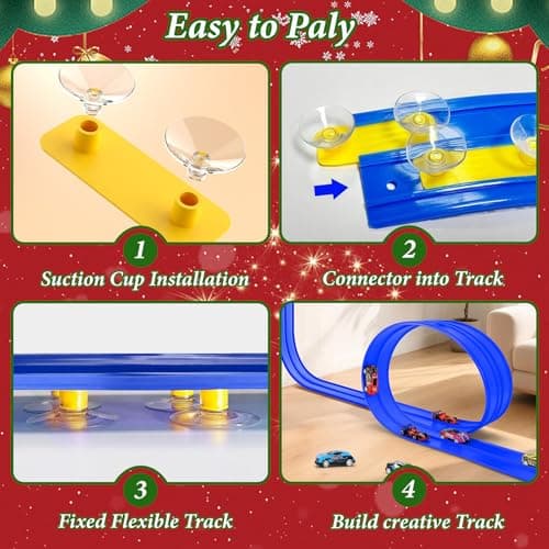 Easter Basket Stuffers for Kids - Flex Tracks 16.4 Ft Starter Set Flexible Race Track for Kids, Race Car Ramp Track Compatible with Hot Wheels and Diecast 1/64th Cars with Strong Suction Cups (Blue) - Thumbnail 4