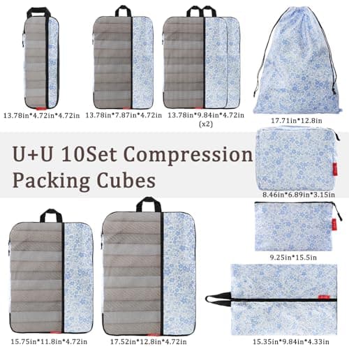 U+U 10 Set Compression Packing Cubes - Ultralight Travel Organizers with Laundry Bag and Cosmetic Bag, Space-Saving Suitcase Organizer for Travel, Business Trip and Family Vacation (Blue Flower) - Thumbnail 3