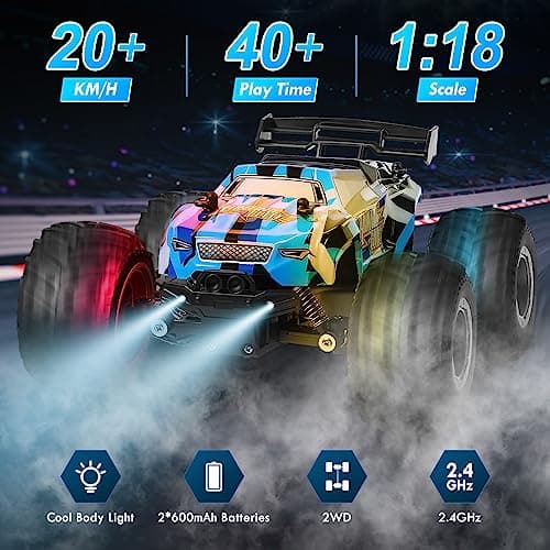 HENEROAR Remote Control Car, Remote Control Truck, 2.4Ghz All Terrain Off-Road Monster Truck, 20 KM/H Rc Cars with LED Bodylight and 2 Rechargeable Batteries Toys for Boys - Thumbnail 2