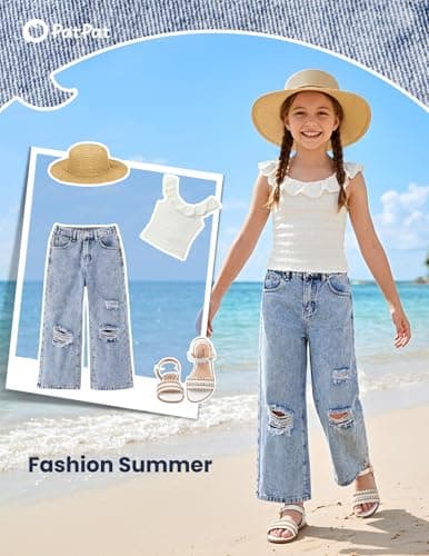 PATPAT Baggy Girls Jeans Wide Leg Denim Pants Ripped High Waist Elastic Y2K Trendy Jeans for Teens with Pockets Light Blue 13-14Y - Thumbnail 5