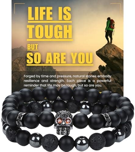 WestLuna Mens Triple Protection Bracelet - Hematite Lava Stone Black Obsidian Bracelet w Skull, 8MM Stone Beaded Bracelets for Men Jewelry Gifts (Medium) - Image 1