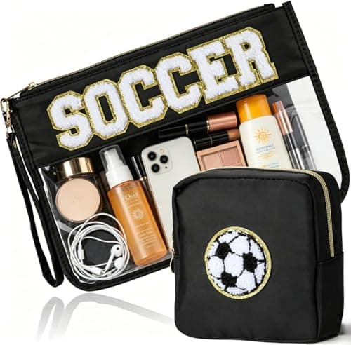 4EVERHOPE 2 Pcs Soccer Gifts Cosmetic Bags, Baseball Mom Essentials, Makeup Bag With Chenille Letters, PVC Travel Toiletry Organizer for Stadium, Sports Events, Team Gifts (Soccer-Black)