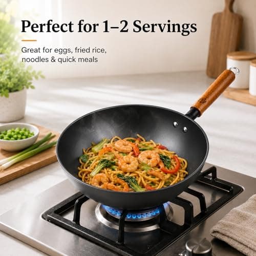 WANGYUANJI Carbon Steel Wok Pan - 10 Inch Nitrided Rust Resistant Stir Fry Pan, Flat Bottom Deep Iron Skillet with Lid, Lightweight Induction Cookware for 1-2 People, No Chemical Coating (26cm) - Thumbnail 3