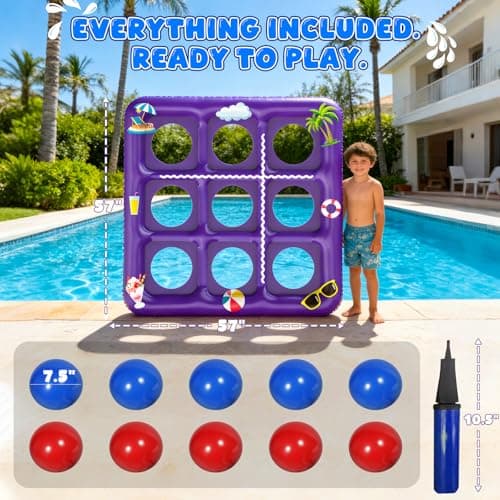 EPN Pool Games for Kids and Adults, 56” x 54” Inflatable Floating Tic Tac Toe Toss Game with 10 Balls, 2-in-1 Pool & Lawn Water Sprinkler Toy, Summer Pool Party Accessories for Backyard Fun, Purple - Thumbnail 5