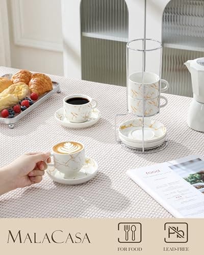 MALACASA 4 OZ Porcelain Espresso Cups with Saucers and Metal Stand Set of 4, Stackable Cappuccino Cups, Marble White Expresso Shots Cup Set for Coffee Drinks, Latte, Tea - Thumbnail 3